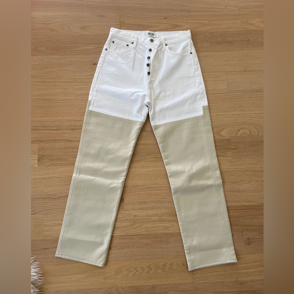 Agolde  pants, mixed fabric , “leather “ white jeans, size 28, neutral